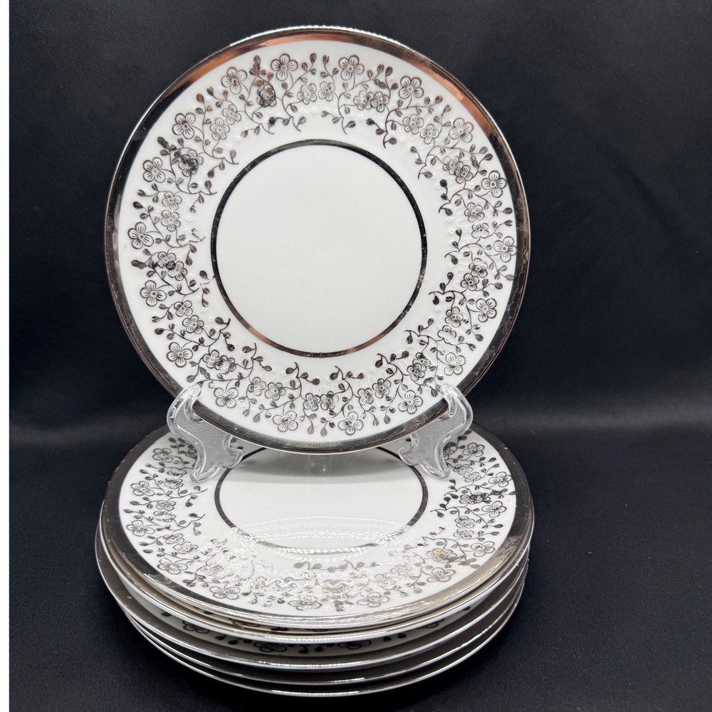 Winterling Kirchenlamitz Bavaria Silver Floral Plates Set of 6 Germany Vintage